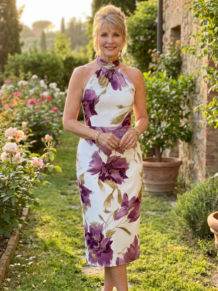 Zinnara | Vestido Midi de Flores con Cuello Halter