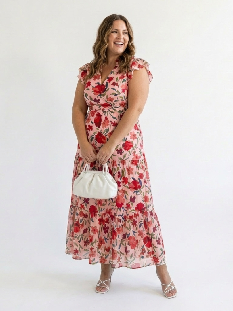 Lidia | Vestido midi escalonado con escote en V y estampado floral