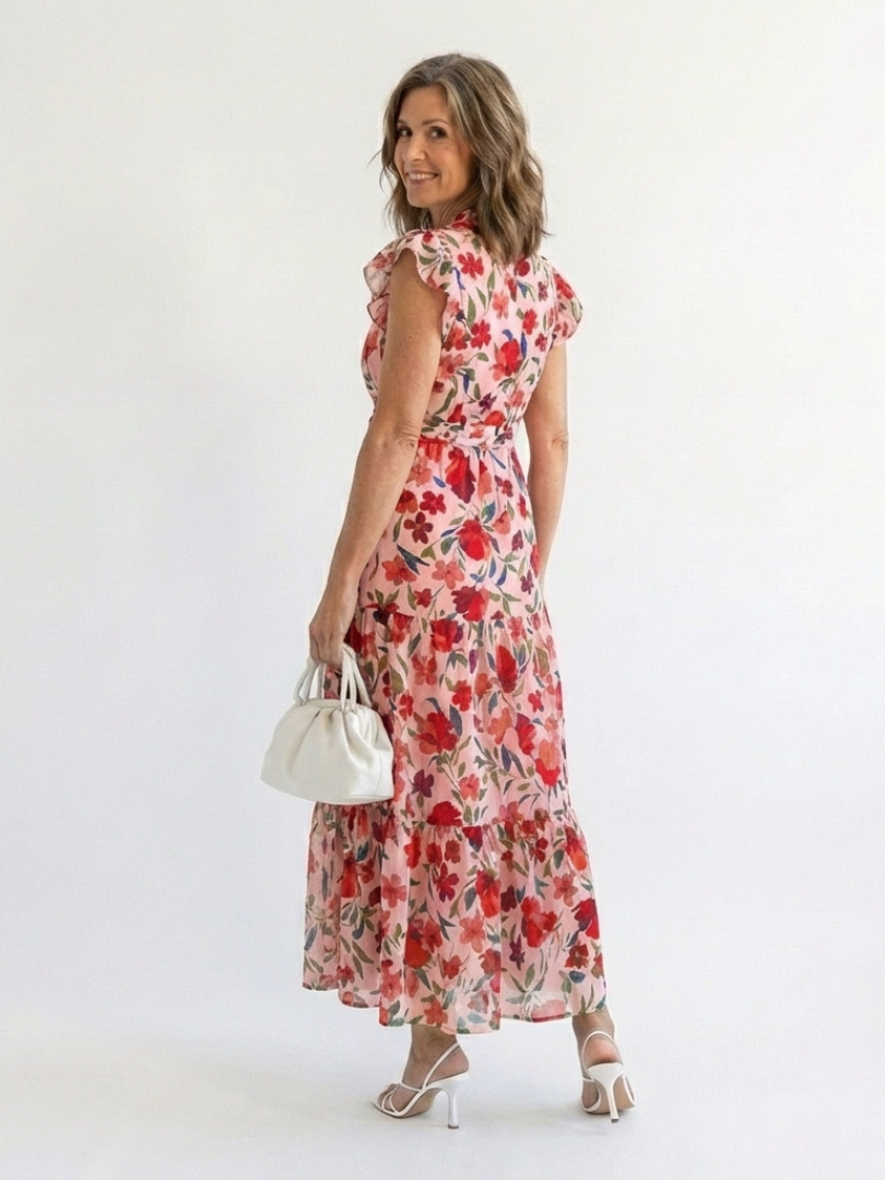 Lidia | Vestido midi escalonado con escote en V y estampado floral
