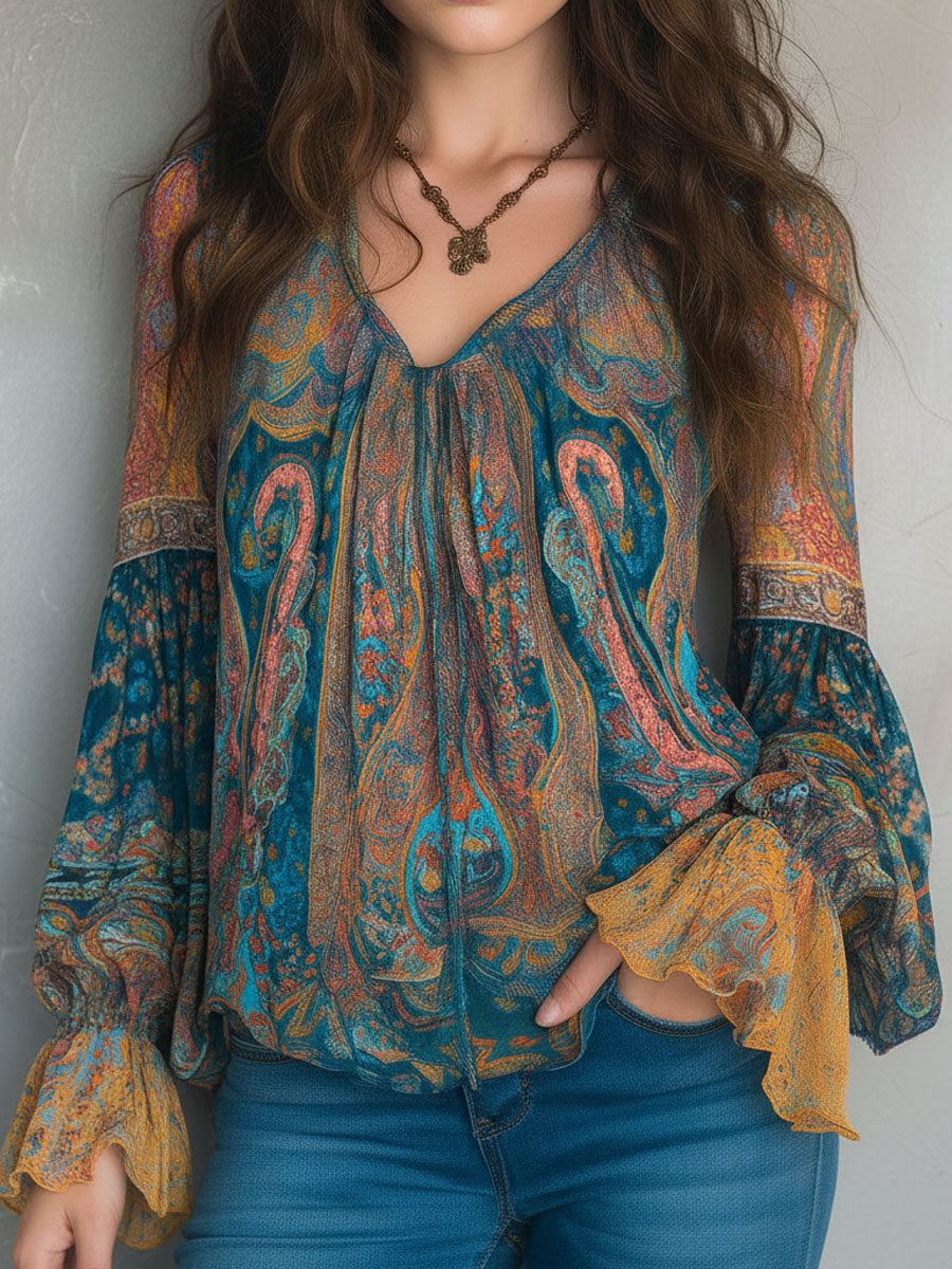 Sara™ | Blusa Paisley Verde Azulado y Ámbar