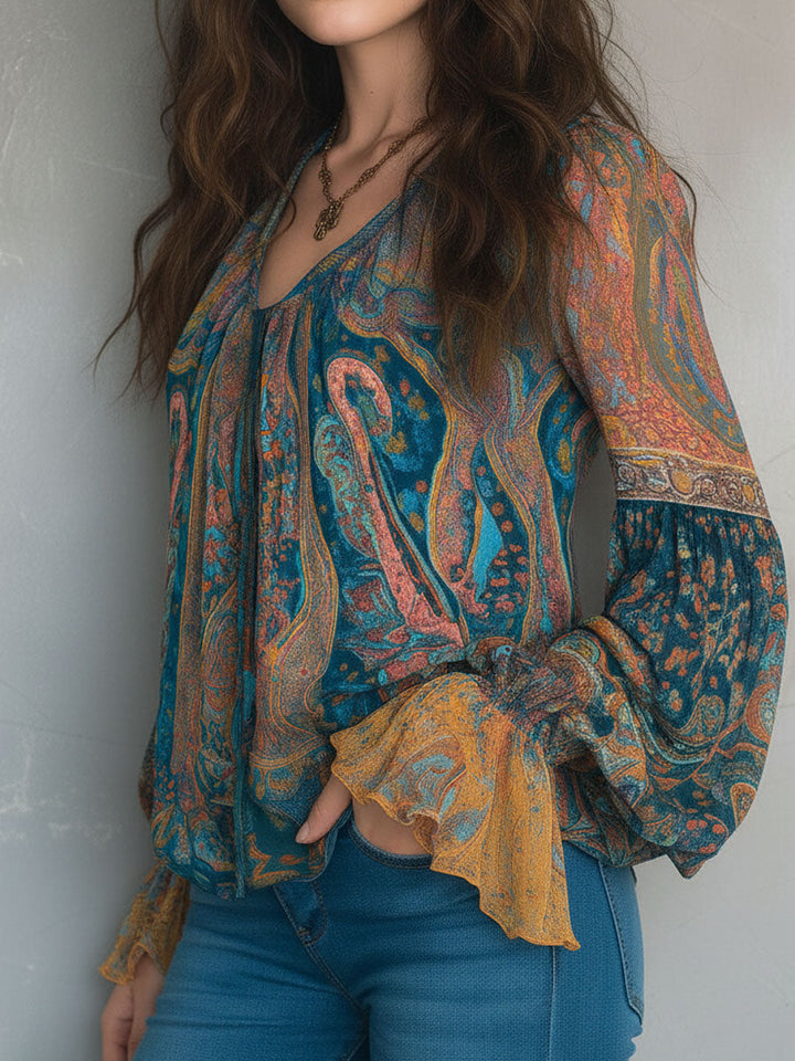 Sara™ | Blusa Paisley Verde Azulado y Ámbar