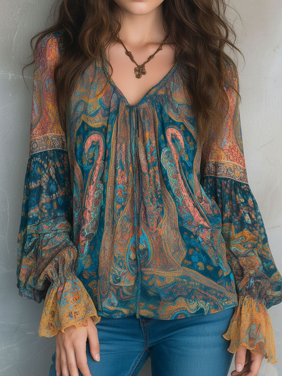 Sara™ | Blusa Paisley Verde Azulado y Ámbar