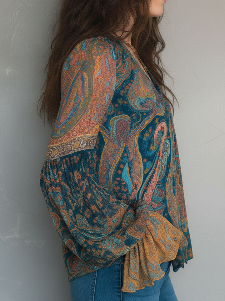 Sara™ | Blusa Paisley Verde Azulado y Ámbar