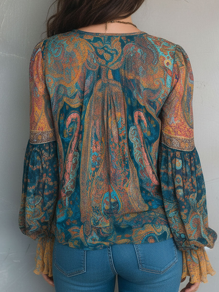 Sara™ | Blusa Paisley Verde Azulado y Ámbar