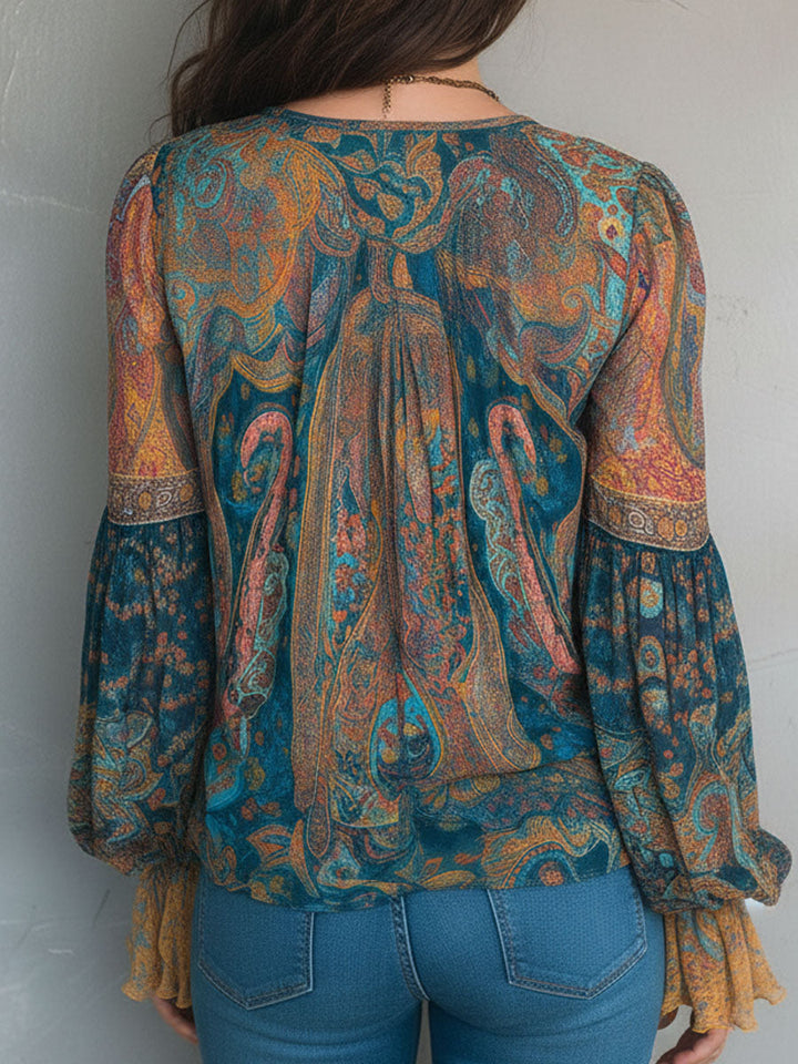 Sara™ | Blusa Paisley Verde Azulado y Ámbar