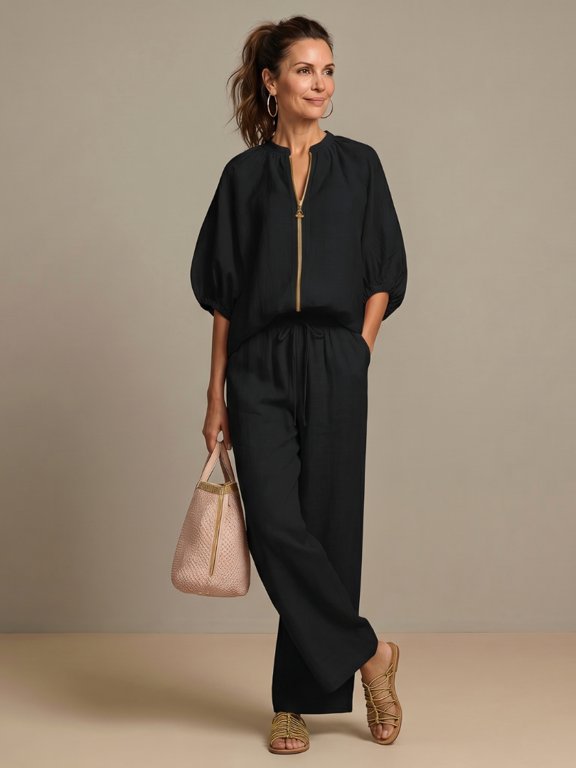 Natalia™ | Conjunto blusa cremallera y pantalón ancho