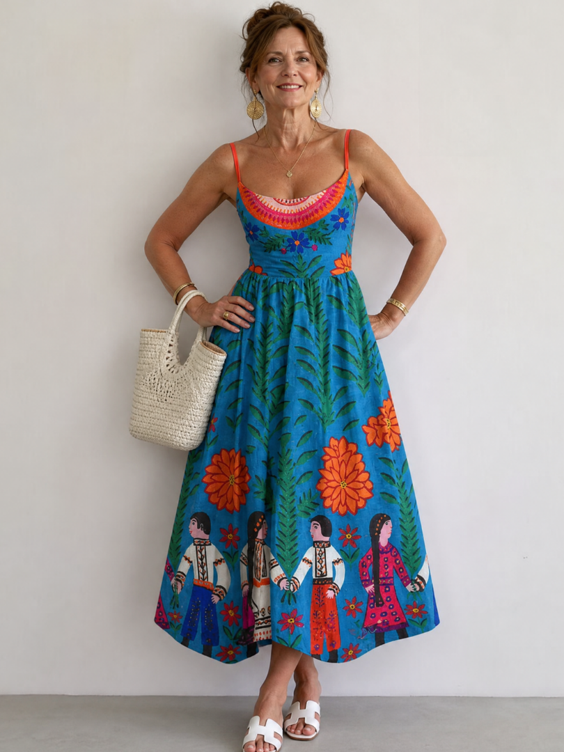 Xylienne | Vestido Midi Sin Mangas de Estampado Folk
