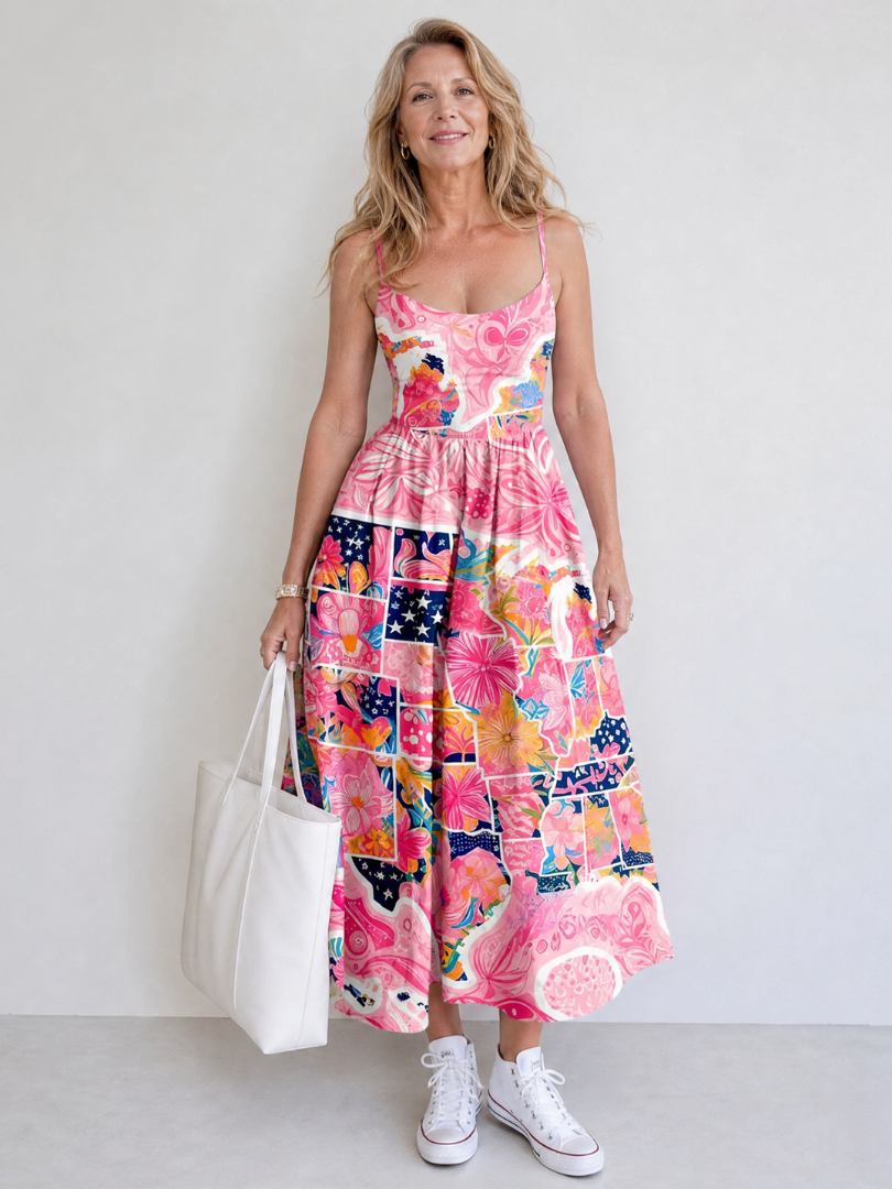 Valhala | Vestido Midi de Impresión Floral Patchwork