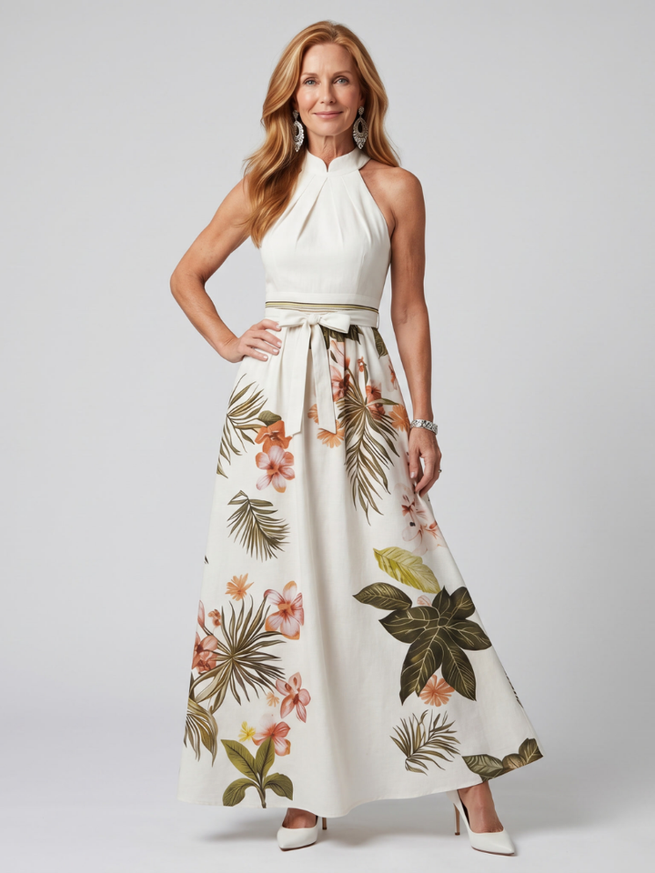 Pradera™ | Vestido Maxi Botánico con Cuello Halter Drapeado