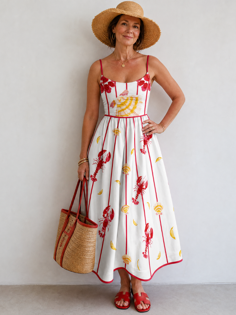 Coriselle | Vestido Midi con Estampado de Langosta y Conchas