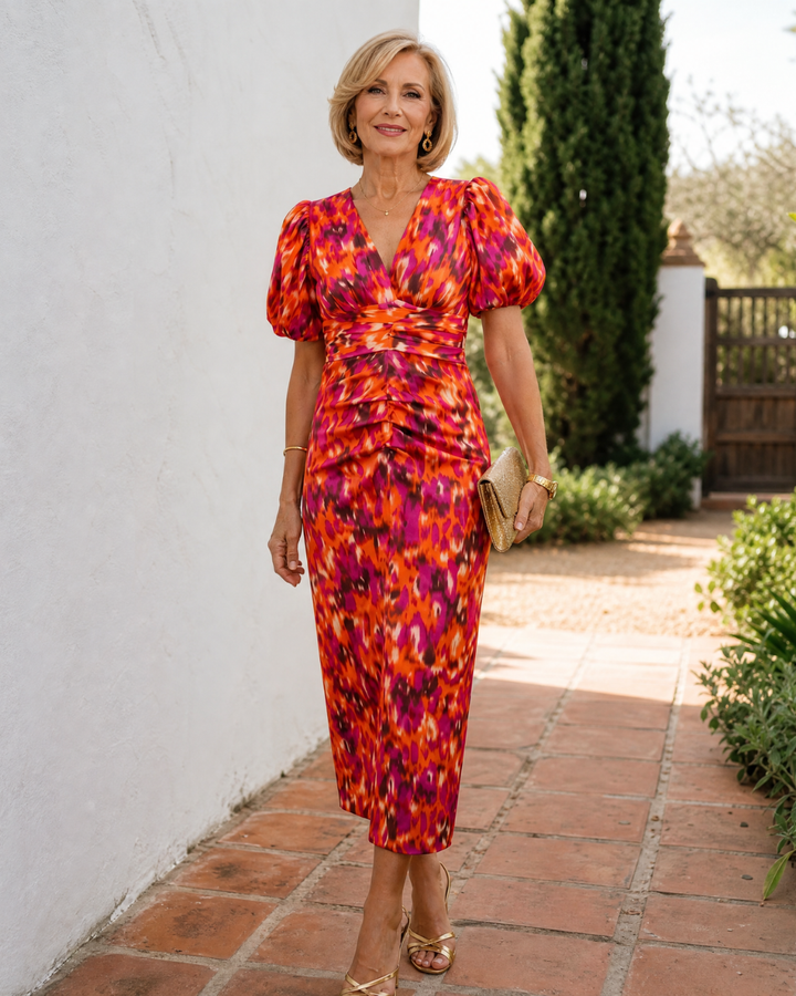 Zavienna | Vestido Midi con Mangas Abullonadas y Estampado Abstracto