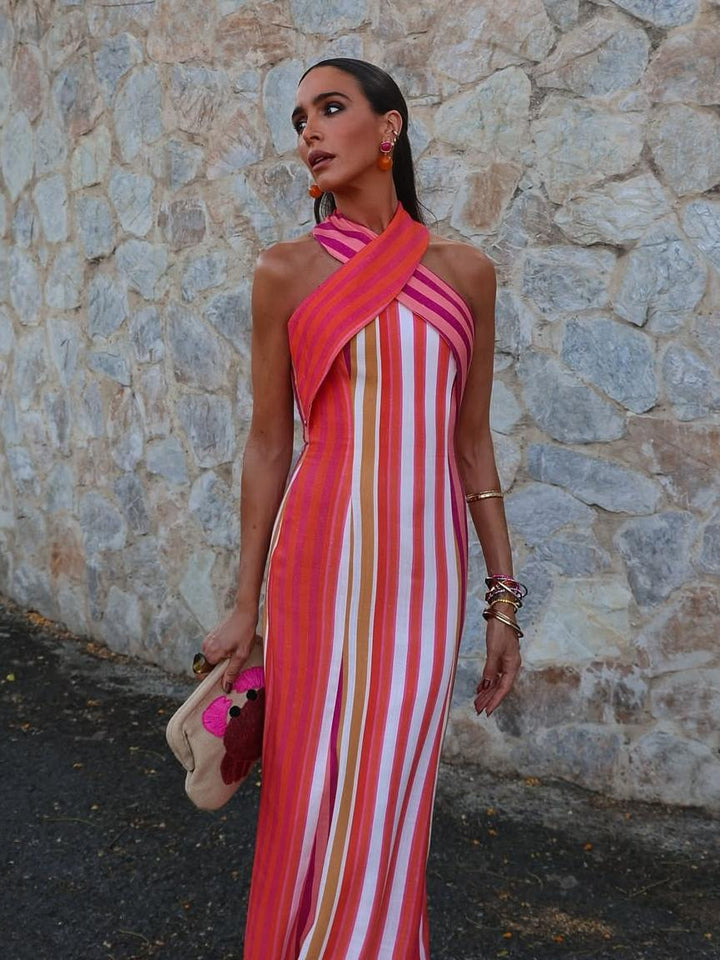 Vestido con tirantes de franjas Sunset Samba Cross-Halter