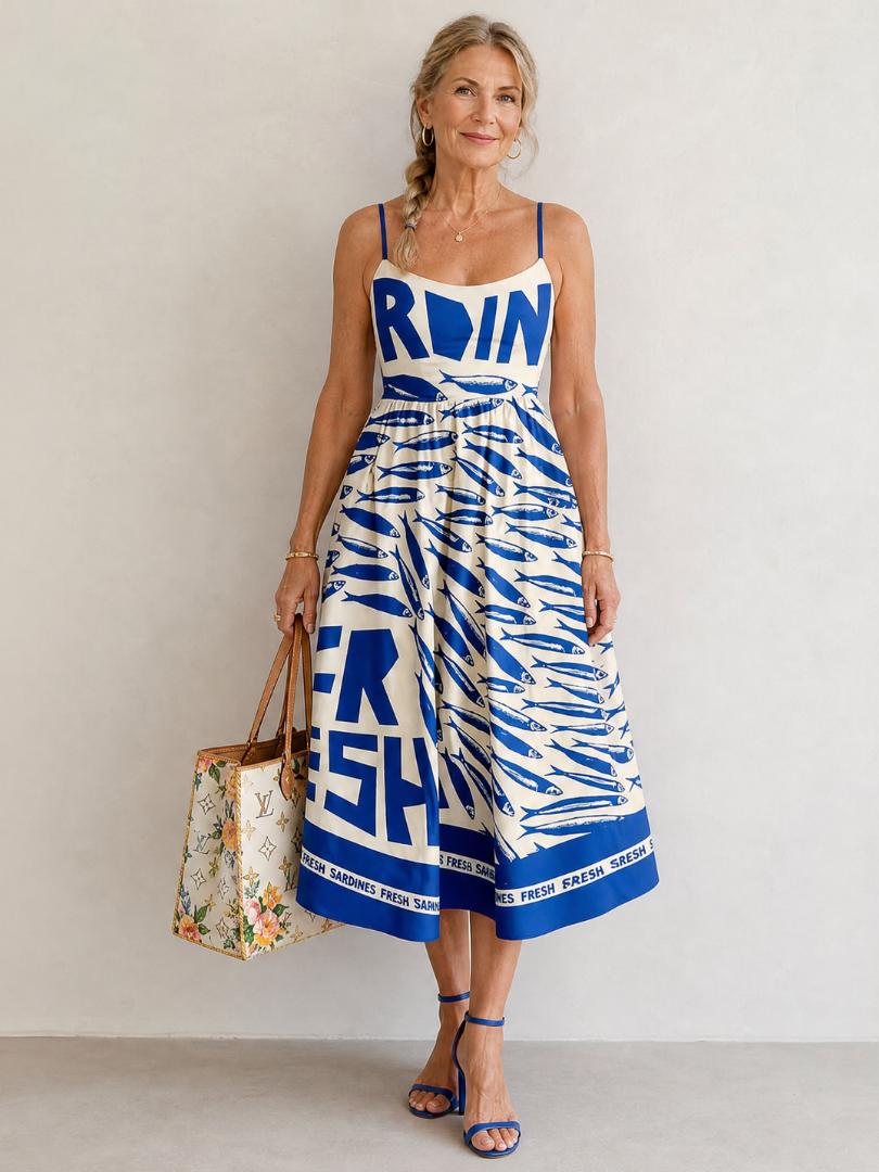 Suriope | Vestido Midi con Estampado Gráfico de Peces
