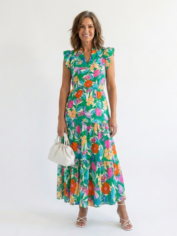 Lidia | Vestido midi escalonado con escote en V y estampado floral