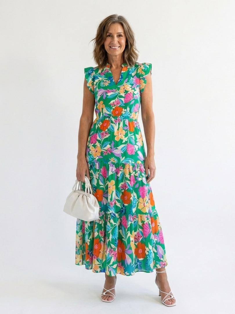 Lidia | Vestido midi escalonado con escote en V y estampado floral