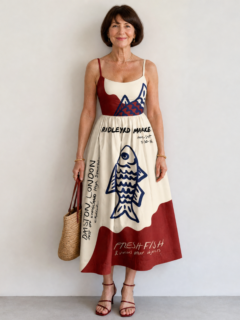 Eiope | Vestido Midi Sin Mangas con Gráfico de Peces
