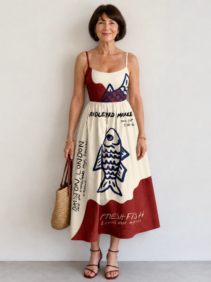 Eiope | Vestido Midi Sin Mangas con Gráfico de Peces