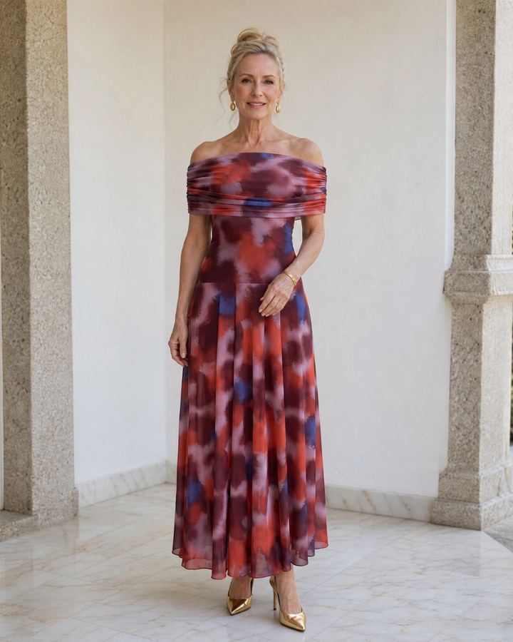 Violla | Vestido Midi Fluido con Estampado Acuarela y Hombros Descubiertos
