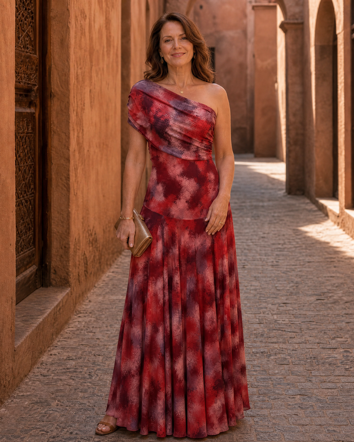 Zarephine | Vestido Maxi Fluido de Impresión Acuarela de Un Hombro