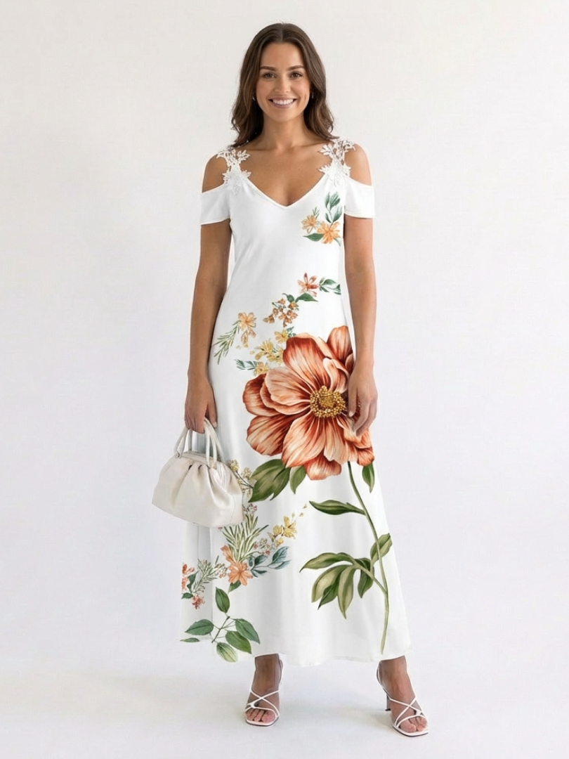 Camila | Vestido largo de corte A con estampado floral y hombros descubiertos