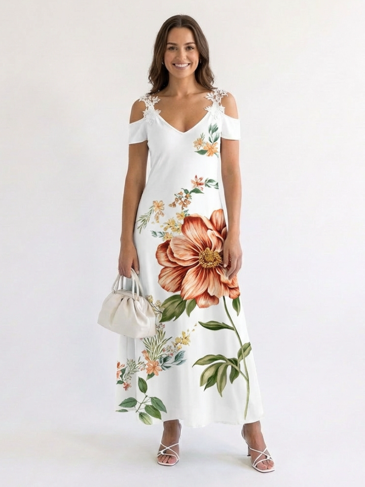 Camila | Vestido largo de corte A con estampado floral y hombros descubiertos