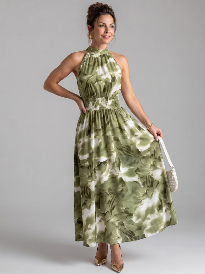 Olivia | Vestido Midi de Print Abstracto con Cintura Fruncida