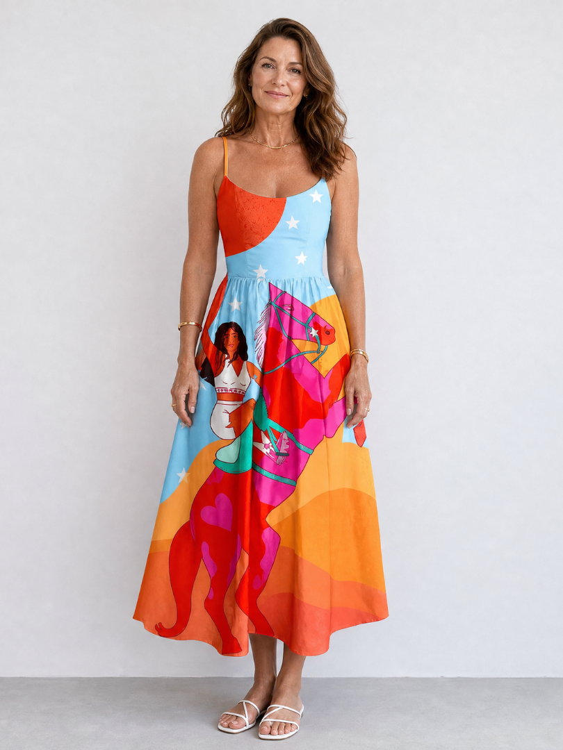 Azelora | Vestido Midi con Estampado Gráfico del Oeste