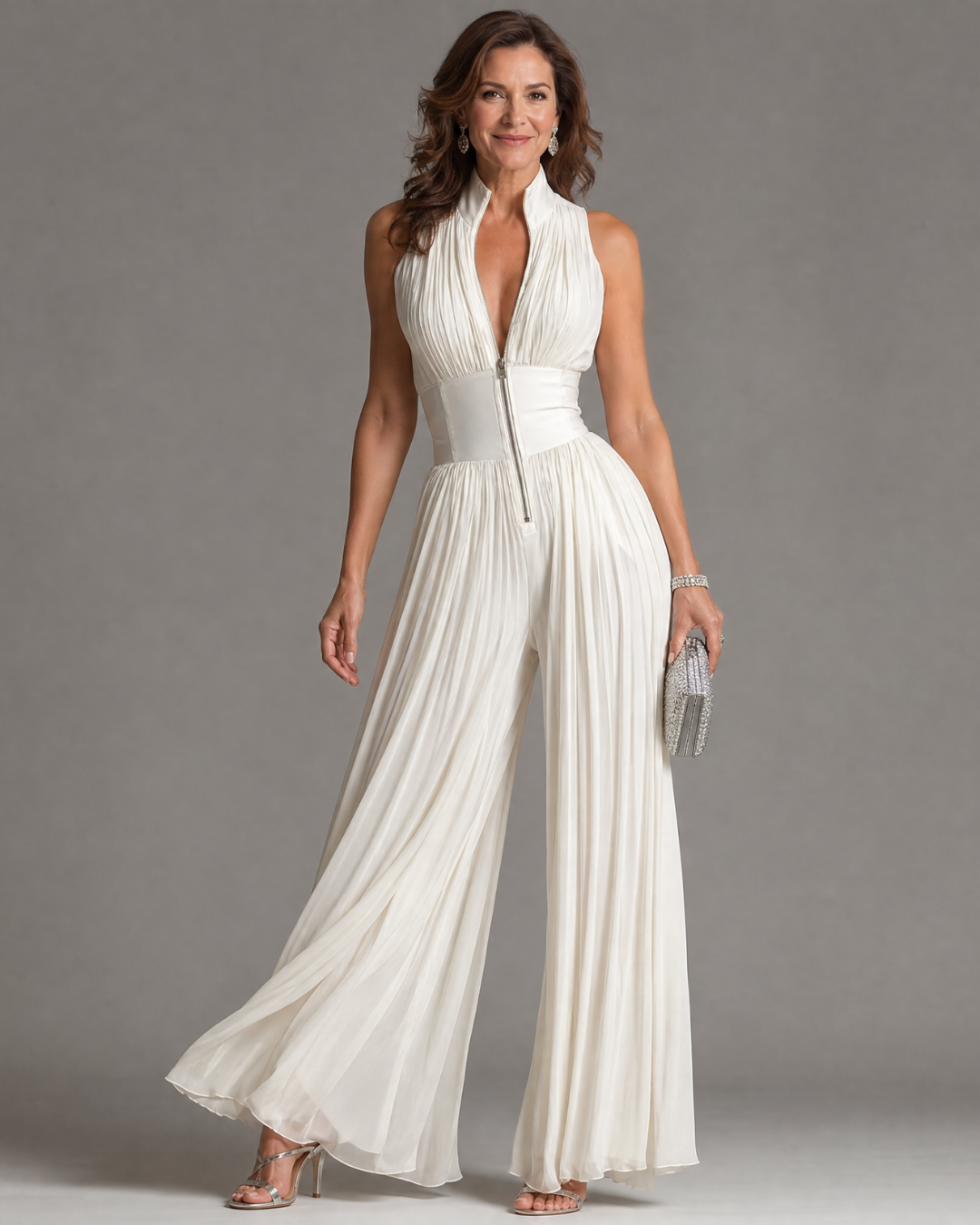 Zakira | Mono de Pierna Ancha con Cuello Halter Plisado