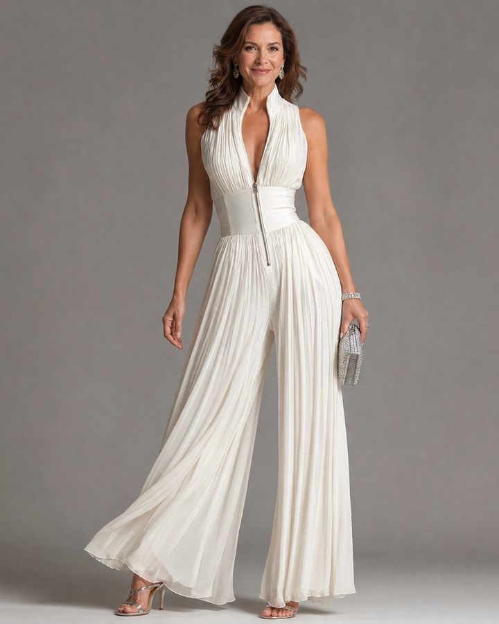 Zakira | Mono de Pierna Ancha con Cuello Halter Plisado
