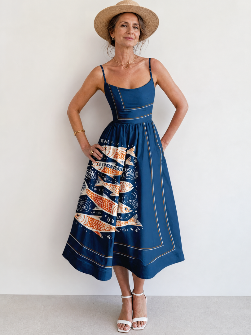 Calythene | Vestido midi sin mangas con estampado de peces