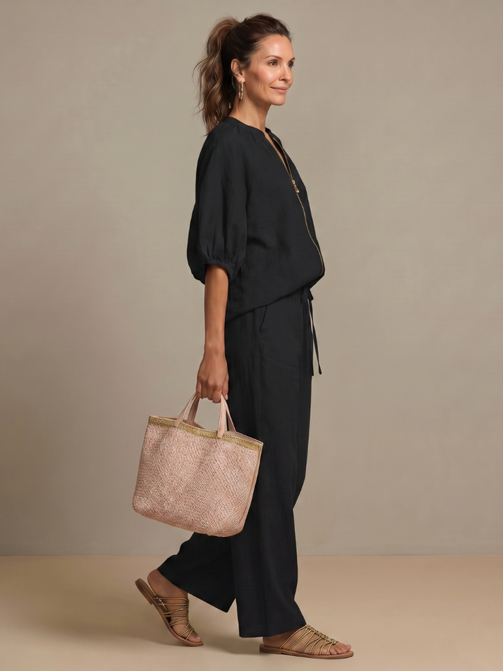 Natalia™ | Conjunto blusa cremallera y pantalón ancho