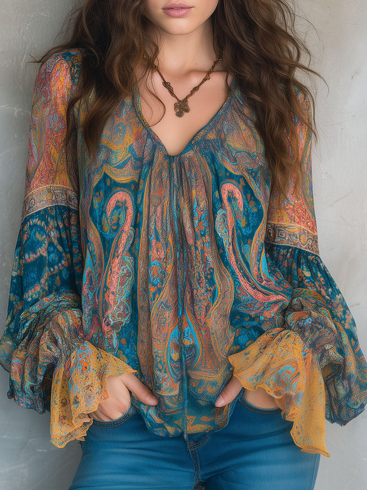 Sara™ | Blusa Paisley Verde Azulado y Ámbar