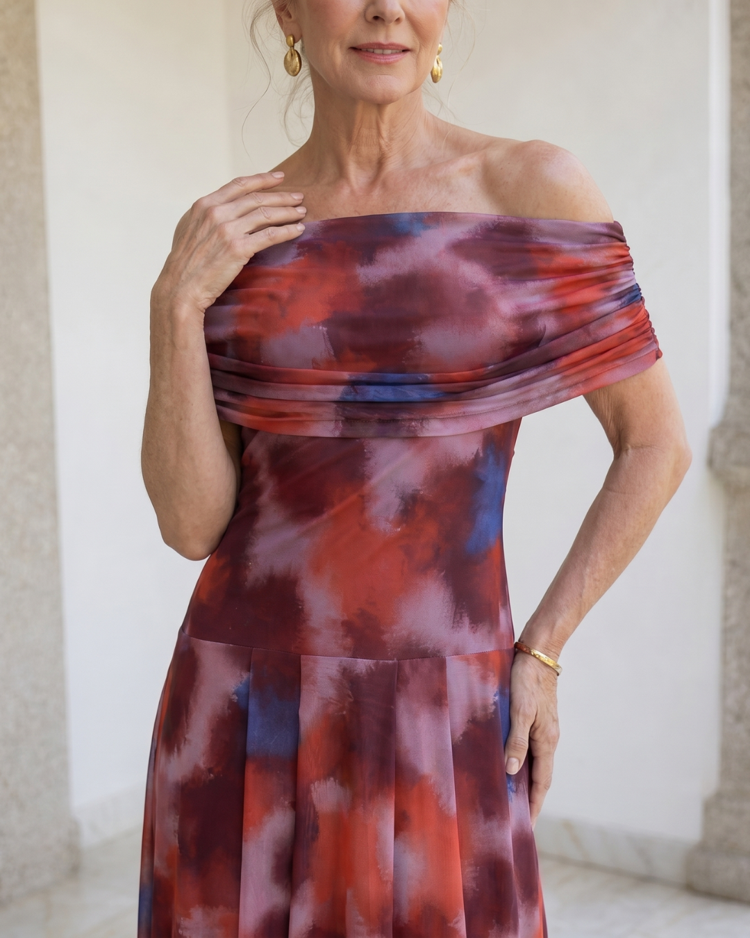 Violla | Vestido Midi Fluido con Estampado Acuarela y Hombros Descubiertos