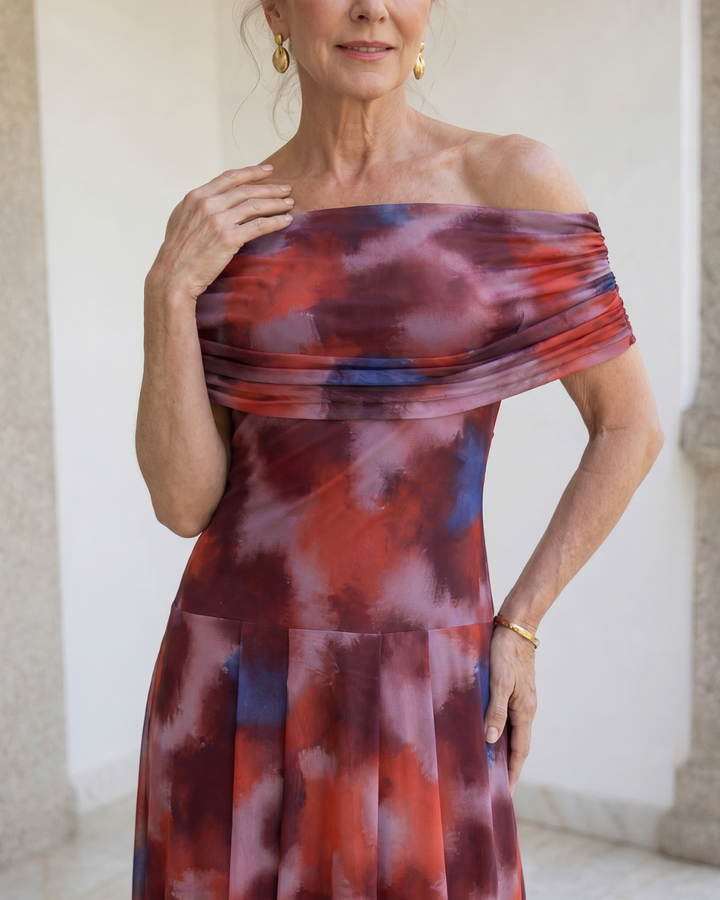 Violla | Vestido Midi Fluido con Estampado Acuarela y Hombros Descubiertos