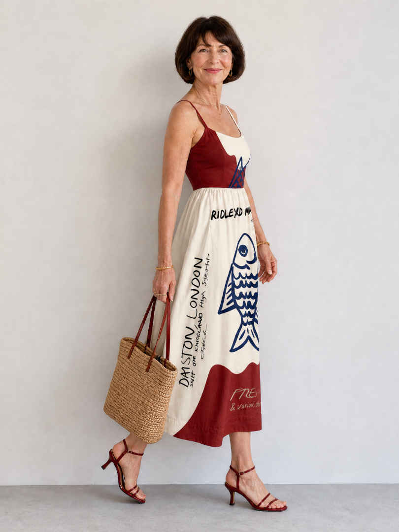 Eiope | Vestido Midi Sin Mangas con Gráfico de Peces