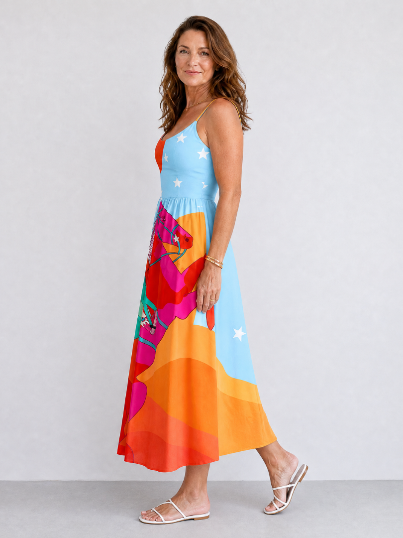 Azelora | Vestido Midi con Estampado Gráfico del Oeste