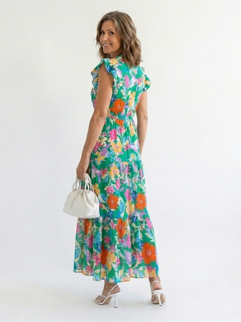 Lidia | Vestido midi escalonado con escote en V y estampado floral