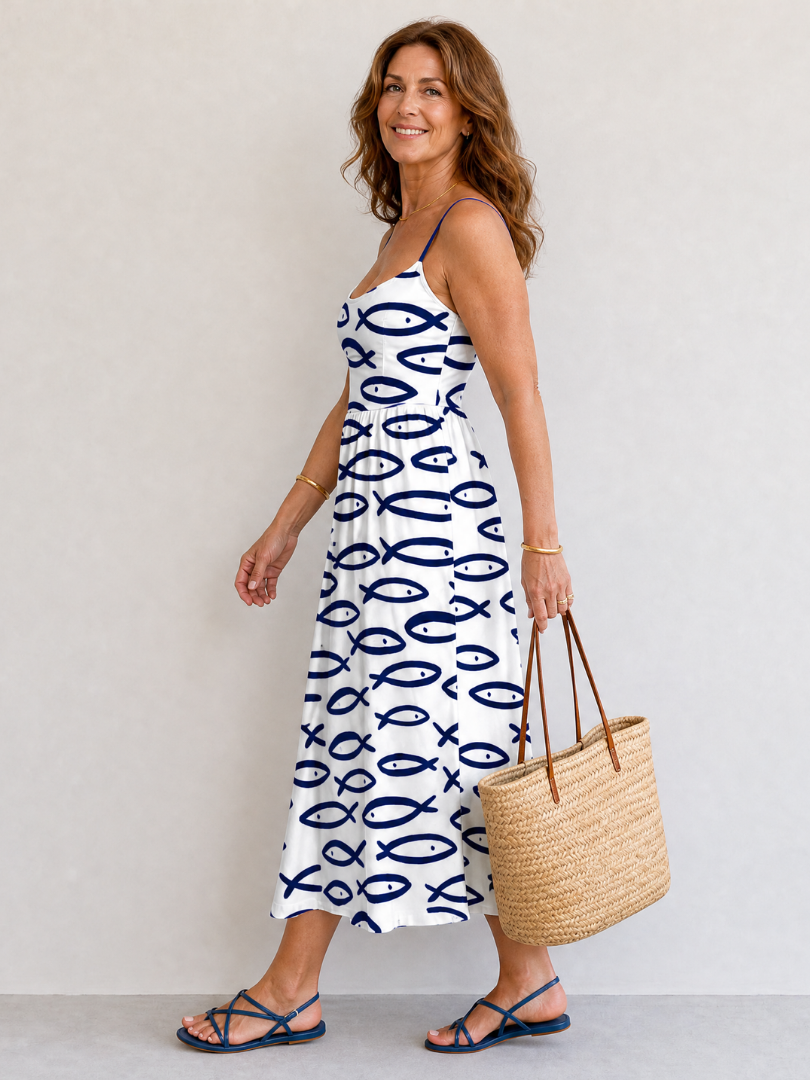 Thaloria | Vestido Midi Sin Mangas con Estampado de Peces