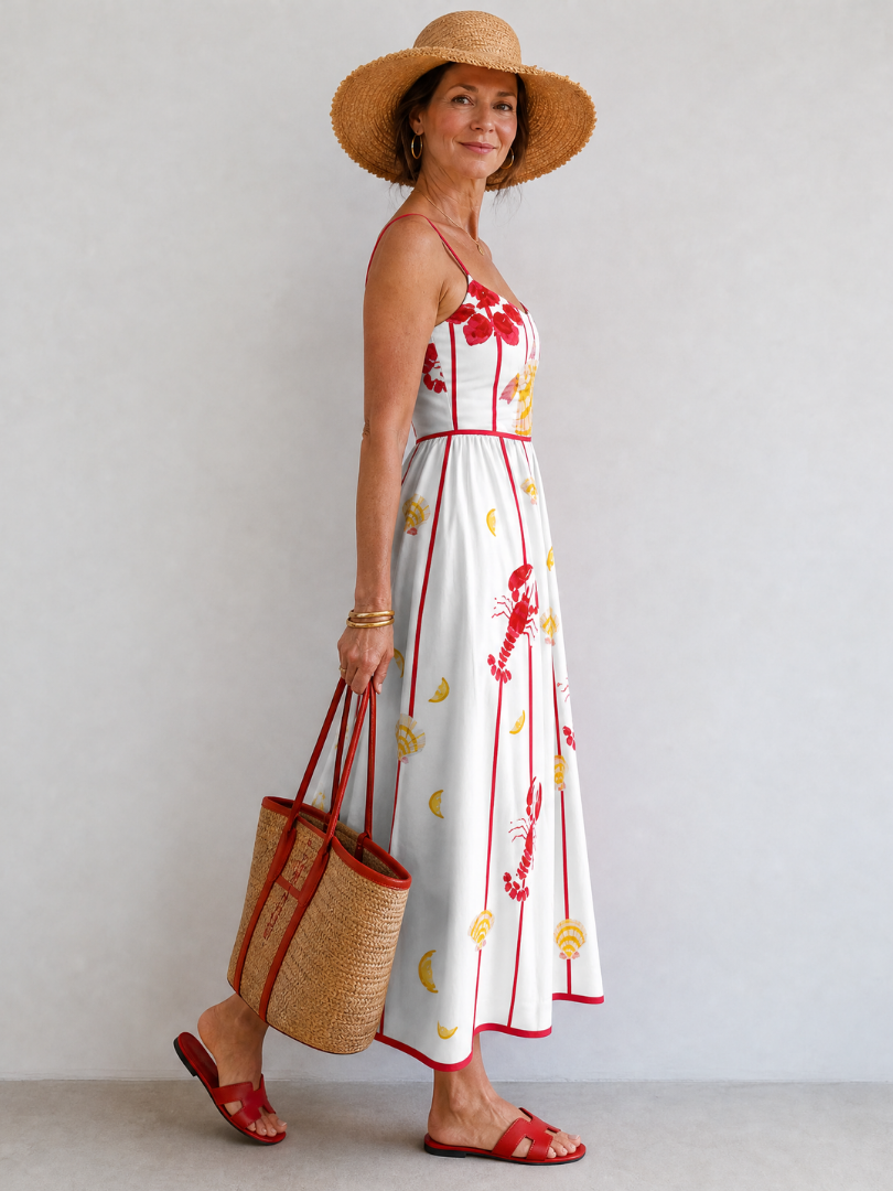 Coriselle | Vestido Midi con Estampado de Langosta y Conchas