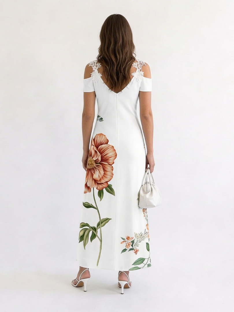 Camila | Vestido largo de corte A con estampado floral y hombros descubiertos