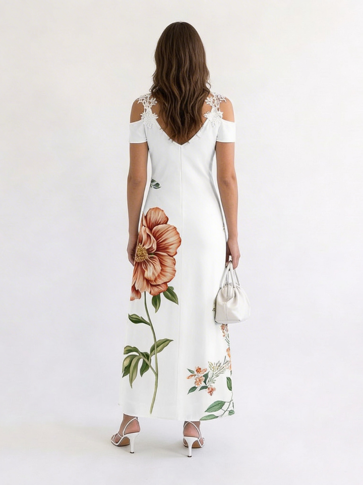 Camila | Vestido largo de corte A con estampado floral y hombros descubiertos