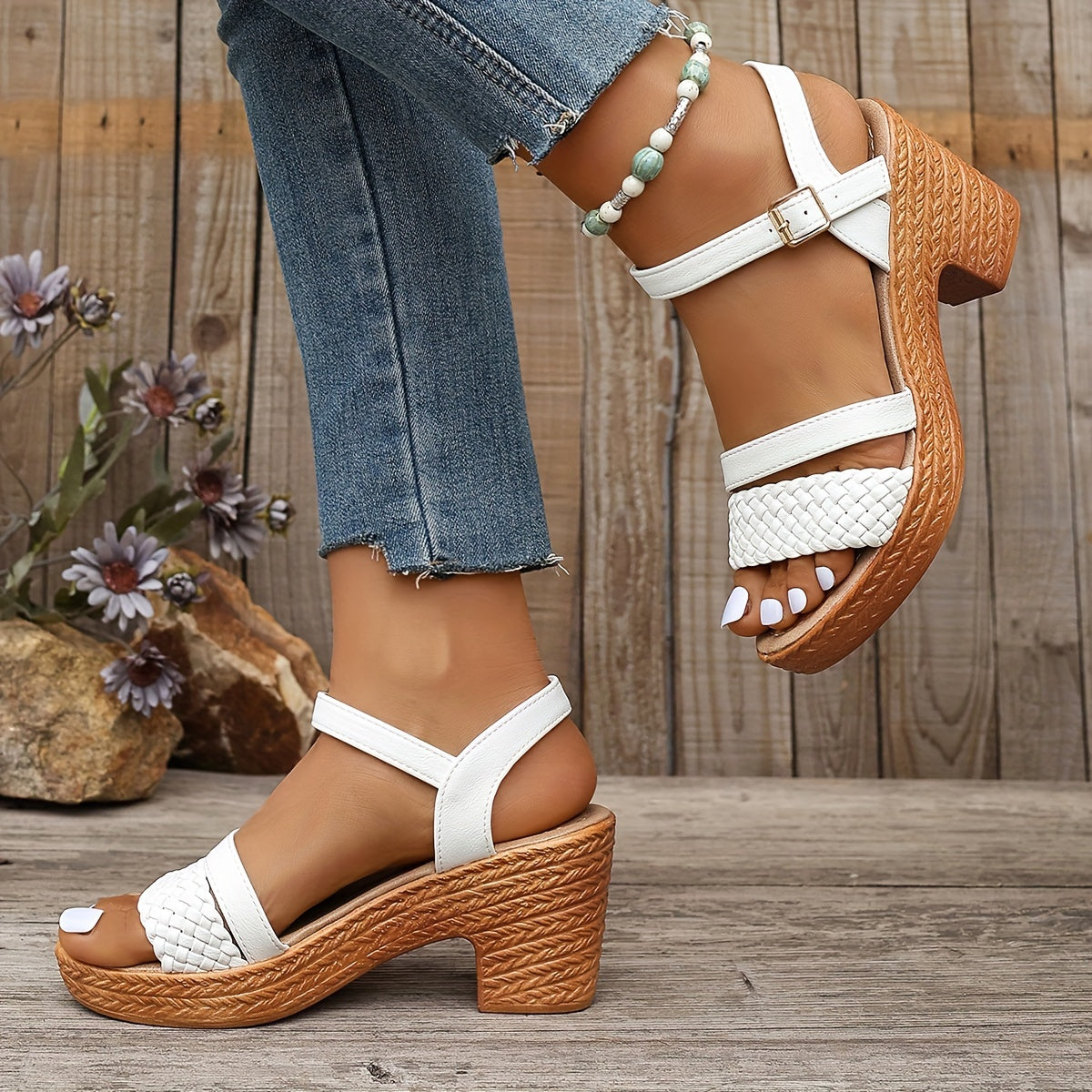 Sandalias con tacón en bloque trenzado