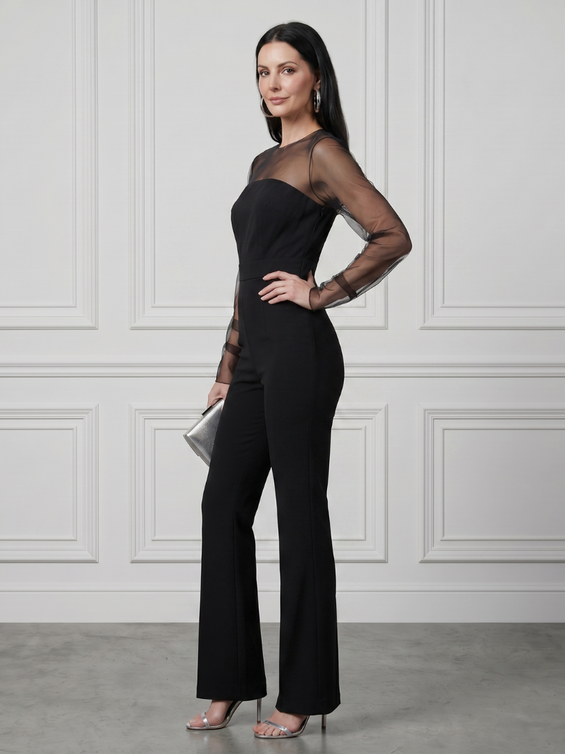Oksana™ | Mono con cuerpo ajustado, mangas transparentes y pernera acampanada