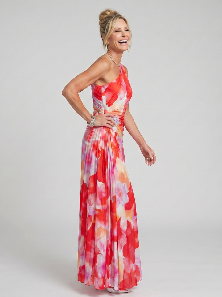 Taya | Vestido Midi con Cuerpo Plisado de Un Hombro