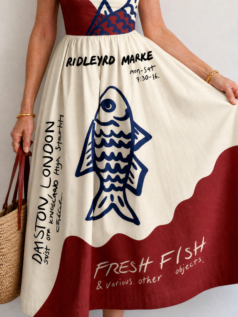 Eiope | Vestido Midi Sin Mangas con Gráfico de Peces