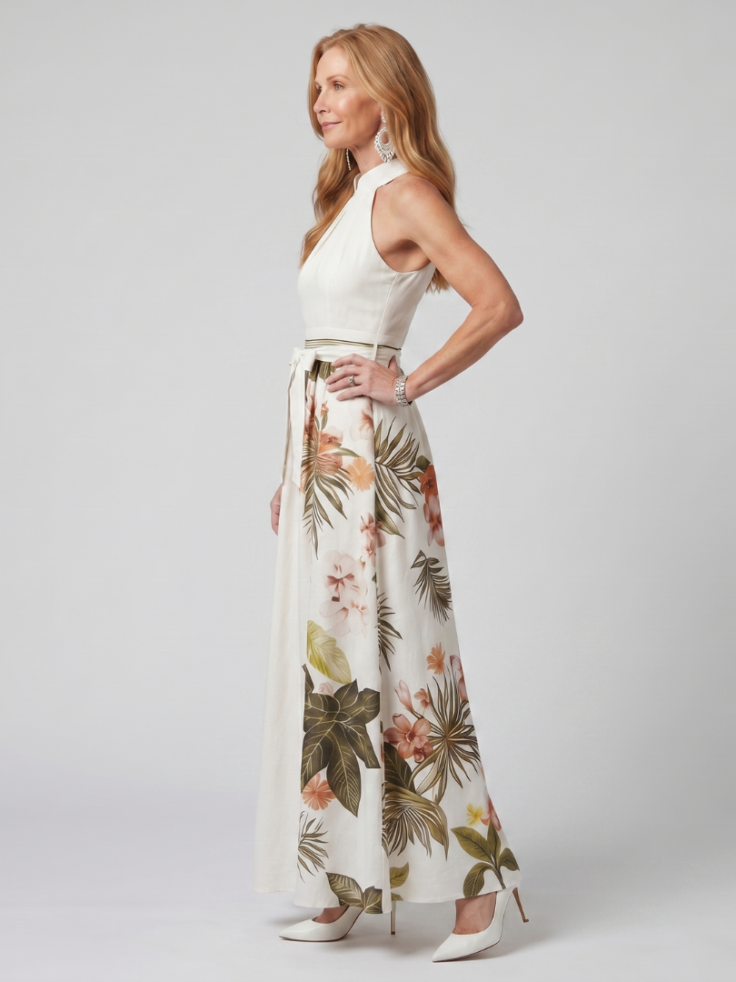 Pradera™ | Vestido Maxi Botánico con Cuello Halter Drapeado
