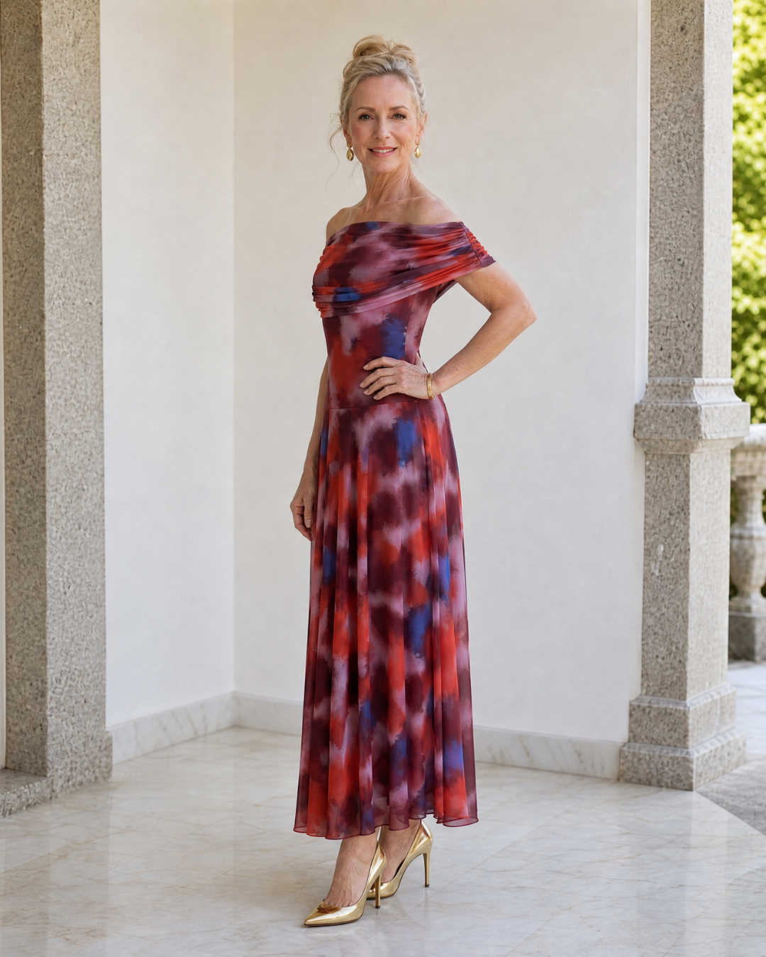 Violla | Vestido Midi Fluido con Estampado Acuarela y Hombros Descubiertos