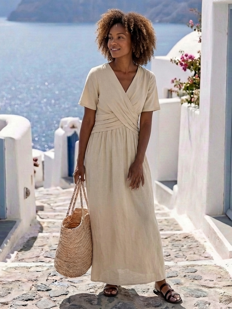 Álvara | escote en V manga corta cintura cruzada vestido midi