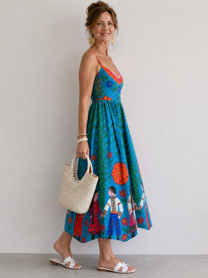 Xylienne | Vestido Midi Sin Mangas de Estampado Folk