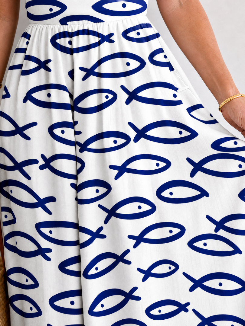 Thaloria | Vestido Midi Sin Mangas con Estampado de Peces